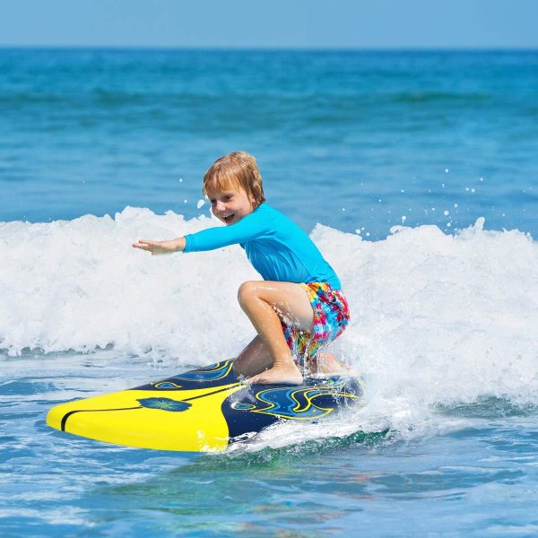 child riding a small tide using a surfboard