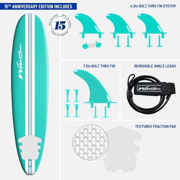 Inclusion of surfboard leash, traction pad, and surfboard fins