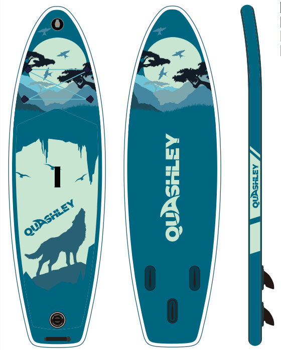 front, back and sideways view of the paddle board
